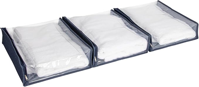 Household Essentials Under Bed Zippered Sweater Storage Bags with Clear Vision Panel, Set of 3, Denim