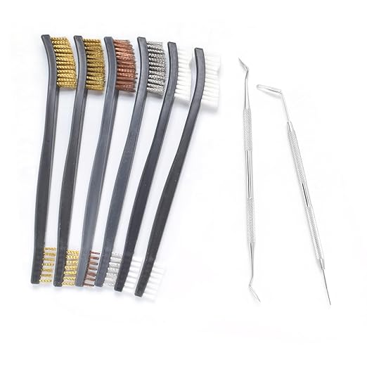 Small Wire Brush Set - Brass/ Stainless Steel/ Nylon Brushes for Cleaning Rust Removal, Dirt, Paint Scrubbing Wire Brush Set Double-Ended Cleaning Pick (8 Pieces Black)