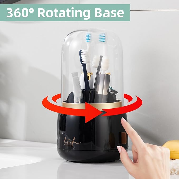 CLOKTA Toothbrush Holders for Bathrooms, Rotating 7 Slots Electric Toothbrush Holders with Cover, Countertop Toothpaste Organizers (Black)