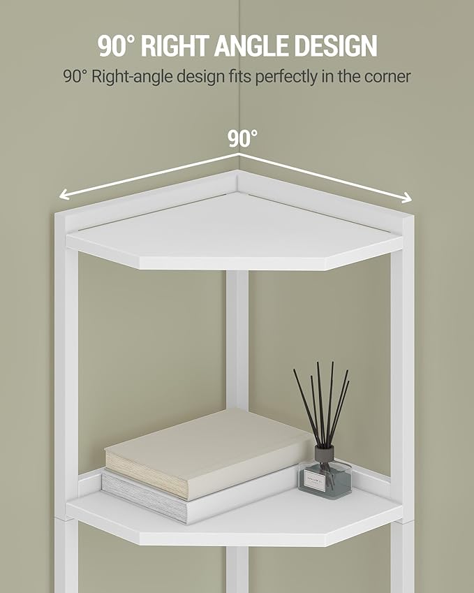 Corner Shelf Stand, Corner Bookshelf, Storage Standing Shelf Unit with Metal Frame, Plant Stand, Bookcase for Living Room, Home Office, Bedroom, 6-Tier White CS06013W