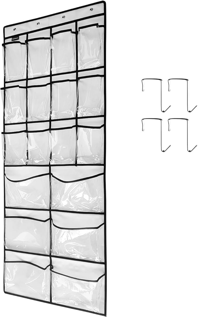 TidyMaster Extra Large Hanging Crystal Clear Over Door Shoe Organizers, Closet Shoe Organizer Shoe Rack Organizer Shoe Storage, 12+6Pockets, 4Hooks, white (59"x 21.6")