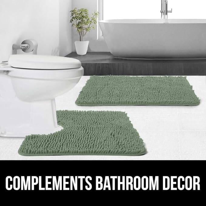 GORILLA GRIP Plush Absorbent Shaggy Chenille Bath Rug Mat for Square Toilet Base with Rubber Backing, Machine Washable Rugs, Soft Microfiber Contour Mats for Toilets, Bathroom Decor, Sage