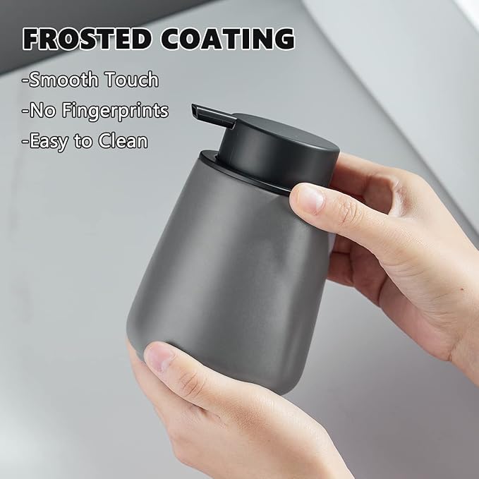 12Oz Grey Hand Soap Dispenser - Modern Ceramic Lotion Soap Dispenser with Easy-to-Press Black Pump, Reusable and Refillable Liquid Soap Dispenser for Bathroom, Dish Soap Dispensers for Kitchen