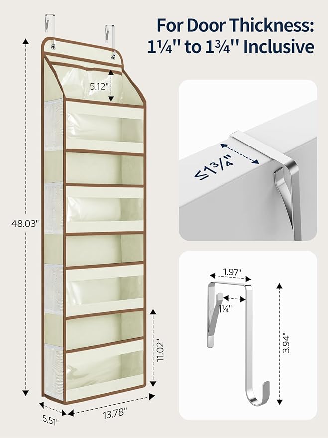 Yecaye 5 Tier 1Pc Over the Door Organizer, Swing-proof Door Organizer Hanging with Clear PVC Windows, Behind the Door Storage for Bedroom Nursery Closet Laundry Pantry Bathroom, Beige