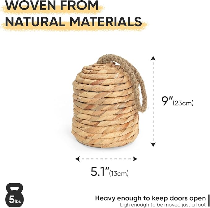 Decorative Door Stop With Handle - Natural Water Hyacinth Nautical Doorstop for Inside, Weight to Keep Open - Cute Stoppers for Bottom, Heavy Weighted