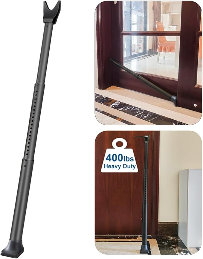 Door Security Bar, Rerishom Door Stoppers Security bar,Heavy Duty Door Lock Security Door Jammer Door Stopper for Apartment, Hotel Room,Screen Door Hardware (Dark Black, 1 Pack)