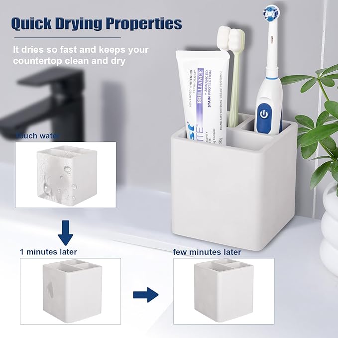 Diatomite Toothbrush Holders for Bathrooms, Electric Toothbrush and Toothpaste Holder 3 Slots Tooth Brush Organizer for Bathroom Countertop, Shower, Vanity - Grayish White