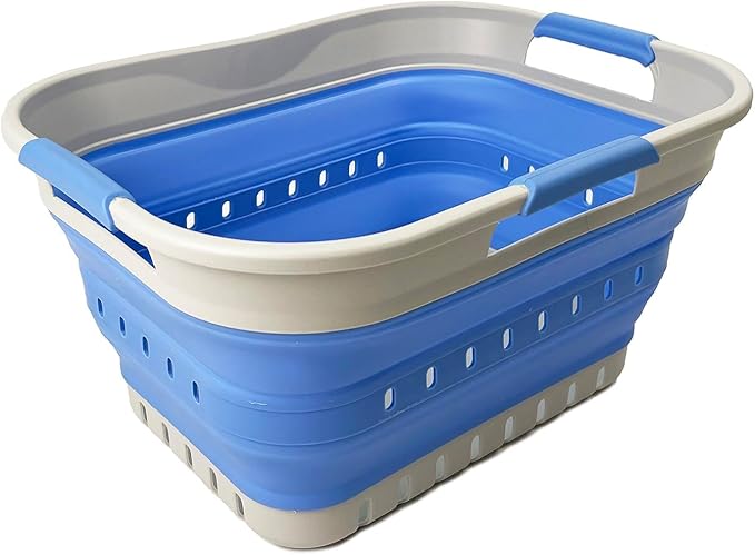 SAMMART Collapsible Plastic Rectangular Laundry Basket - Foldable Pop Up Storage Container/Organizer - Portable Laundry Hamper - Space Saving (Grey/Little Boy Blue, 19L)