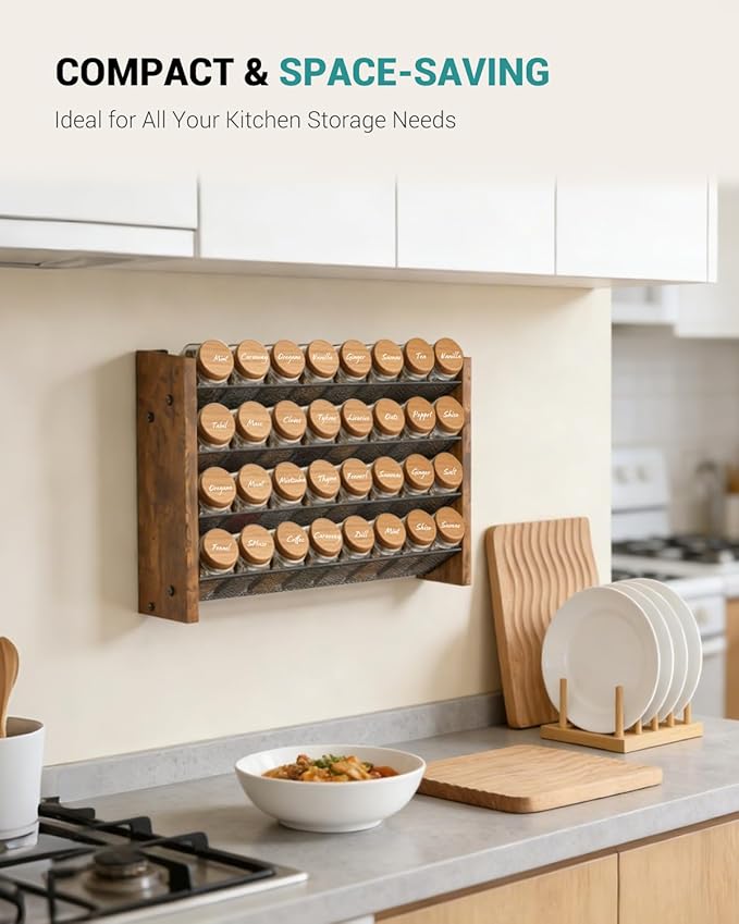 NESAPTO Spice Rack Organizer for Cabinet, Wooden 4 Tier Vertical Seasoning Organizers for Kitchen Pantry, Countertop/Wall Mount, Holds 32 Spice Jars (No Jars Included), 15.7" W × 9.4" H
