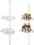 2-Tier Corner Spice Rack Organizer – 360° Rotatable, 19.68-43.5" Height Adjustable, 11LBS Load-Bearing with Hooks – Space-Saving for Kitchen Counter/Cabinet Gaps, Tame Seasoning Clutter (White)