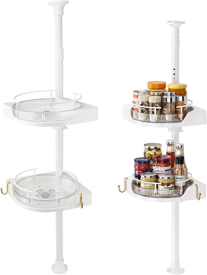 2-Tier Corner Spice Rack Organizer – 360° Rotatable, 19.68-43.5" Height Adjustable, 11LBS Load-Bearing with Hooks – Space-Saving for Kitchen Counter/Cabinet Gaps, Tame Seasoning Clutter (White)