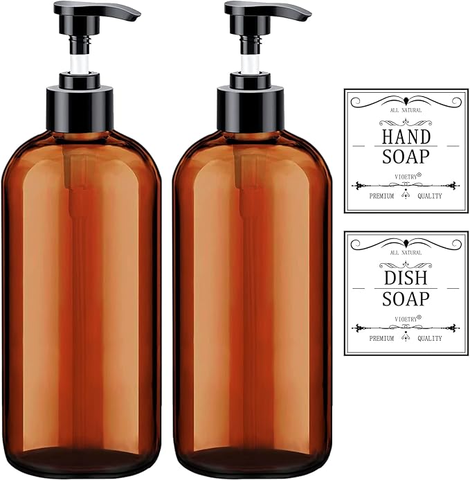 Soap Dispenser with Rust Proof Pump, Waterproof Labels (2 Pack,16 Oz) Bathroom, Plastic Hand Dish Soap Dispenser for Kitchen, Premium Thick Soap Pump Bottles (Amber)