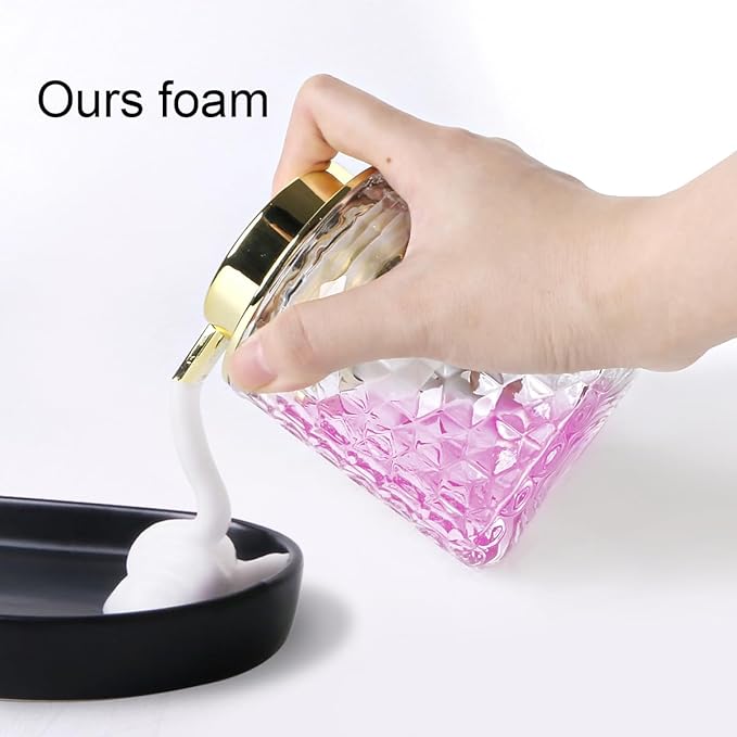 Clear Bathroom Accessories Set, 2pcs Glass Bathroom Accessory Set with Foam Soap Dispenser and Toothbrush Holder, Gold Foaming Soap Dispenser and Tooth Brush Holder for Brushes, Toothpaste