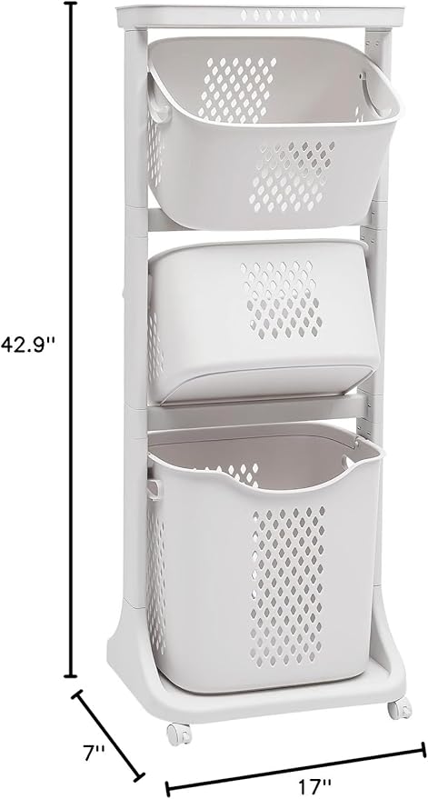 3 Tier Laundry Basket, Bathroom Laundry Basket Multi-layer Clothes Storage Basket 3 Tier Rolling Laundry Hamper with Wheels Freestanding Clothes Basket Organizer for Bathroom Living Room Bedroom