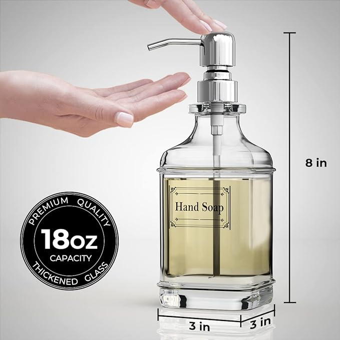 GLADPURE Soap Dispenser - 2 Pack, 18 Oz Antique Design Thick Glass Hand Soap Dispensers; with 304 Rust Proof Stainless Steel Pump, 6Pcs Clear Stickers, for Kitchen, Bathroom - Silver