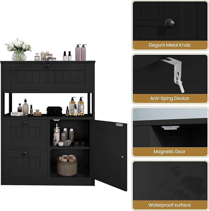 Storage Cabinet, Modern Bathroom Floor Storage Cabinet Organizer with 1 Door and 3 Drawers, Freestanding Cupboard for Kitchen/Living Room Use