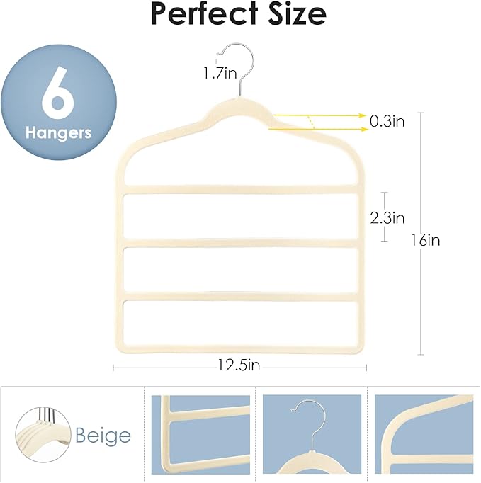Velvet Hangers Space Saving Non Slip Pant Velvet Hangers, DUDUCOFU 6 Pack Beige Multi Layer Clothes Hangers Closet Organizer for Pants Trousers Scarf