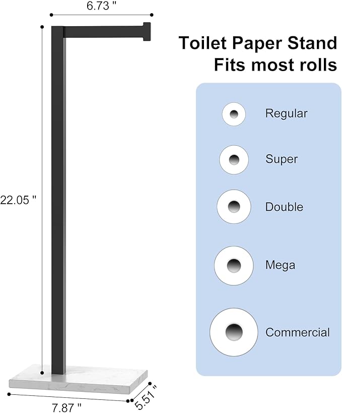 HOMEMYSTIQUE Free Standing Toilet Paper Holder Stand Matte Black SUS 304 Stainless Steel Rustproof 22" Rotating Bathroom Tissue Roll Holder for 4 Rolls with Marble Base