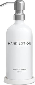 White Glass Lotion Dispenser with Pump Bathroom Set by Brighter Barns - Hand Lotion Dispenser Set with Tray - Modern Bathroom Accessories for Guest House, Hotel, Spa, Restaurant, Airbnb, Gift (White)