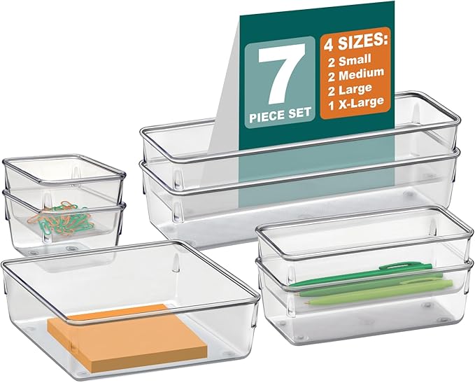 Acrimet Drawer Organizer Modular, Box Tray Storage Bins for Office, Home, Makeup, Kitchen, Junk Drawer (7 Units - 4 Sizes) (Clear Crystal Plastic)