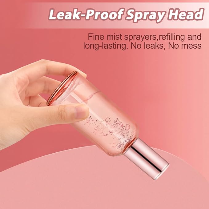 6 Pack 3.4 Oz Pink Glass Spray Bottles,Empty Perfume Fine Mist Atomizer,Refillable Travel Liquid Holder Containers for Cleaning Products,Essential Oils,Body Sprays-Rose-Golden Sprayer