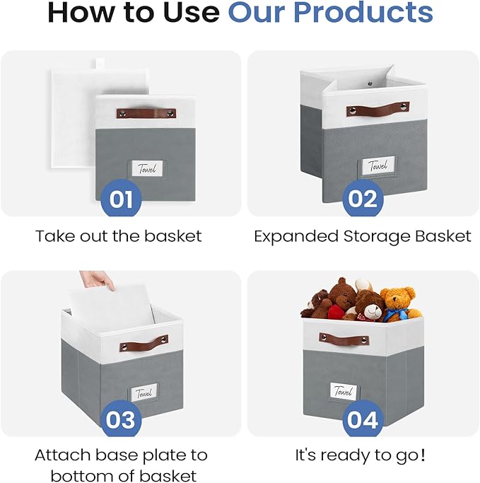 6-Pack Storage Cubes with Handles & Label Holders Basket, Closet Cube Home Organizer Bins(White/Dark Grey, 10.5*10.5*11 inch)
