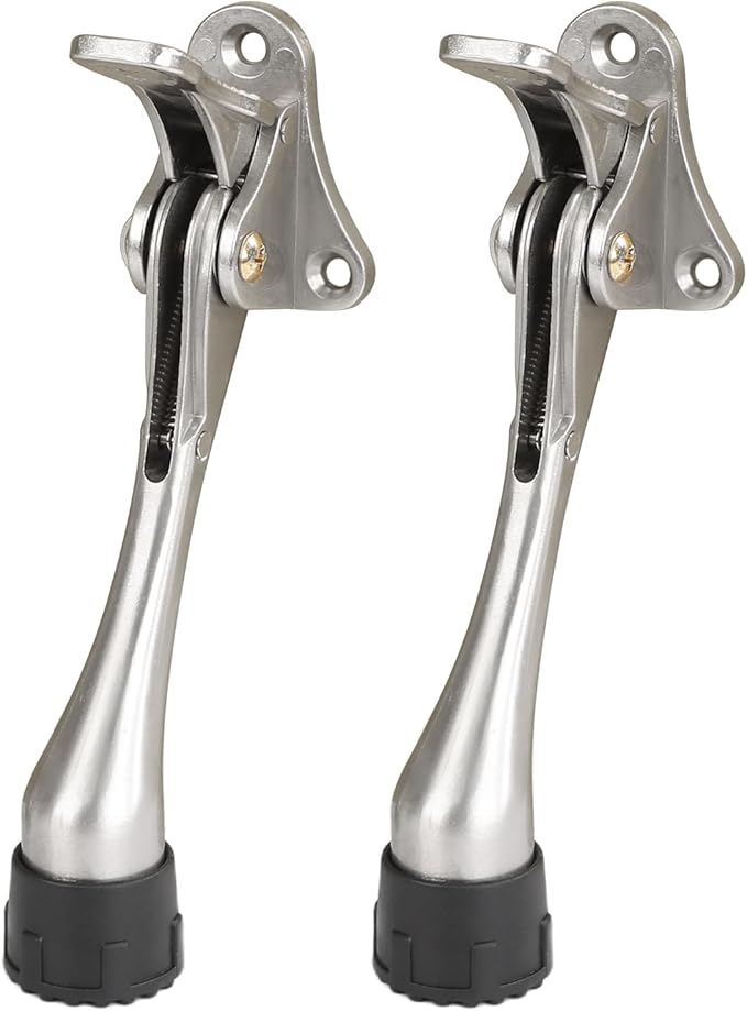 Kickdown Door Stopper 5Inches - 2 Packs One Touch Adjustable Height Door Stop for The Bottom of Door The Bottom of Door Aluminum Alloy Metal Door Stopper with Rubber Tip Satin Nickel