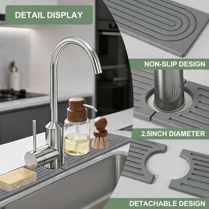 Meiliweser Faucet Mat for Kitchen Sink, Diatomite Quick Drying Stone Mat & Sink Protector, 23.6" x 4" Kitchen Sink Splash Guard, Absorbing Stone Tray for Bathroom Counter (Dark Gray)