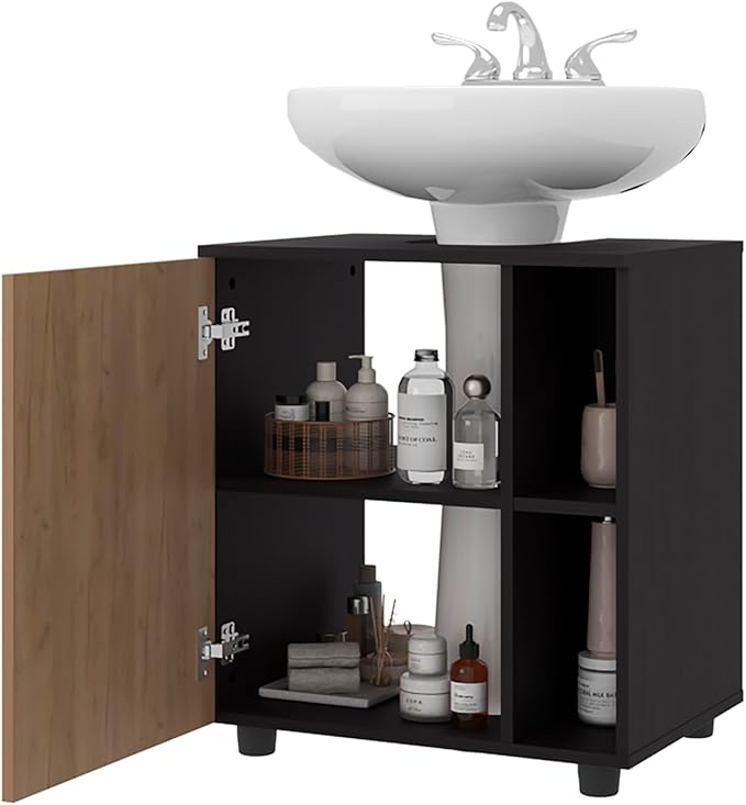 CHARMMA Under Sink Storage 24.4" H, 1 Door, 4 Shelves, 4 Legs, Natural Oak/Black Wengue - Bathroom, 16.30x21.70x24.40in