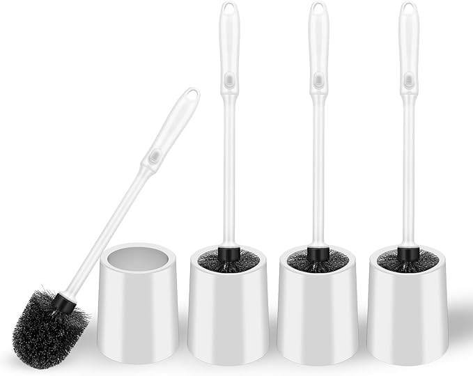 Toilet Brush and Holder Set, 4 Pack Long Handle Non-Slip Grip Toilet Bowl Brush, Hard Toilet Brush, Deep Cleaning for Bathroom, Easy to Assemble White