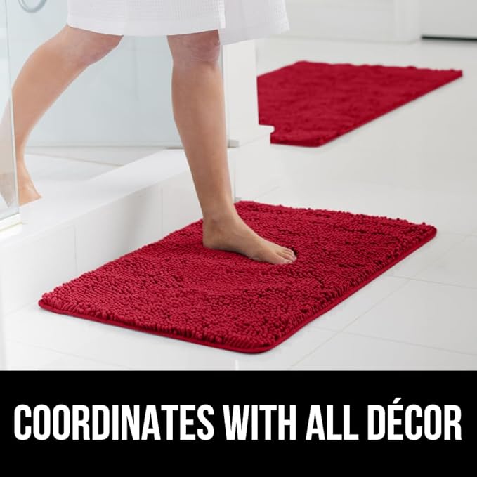 GORILLA GRIP Bath Rug Mat 44x26, Thick Soft Absorbent Chenille, Quick Dry Microfiber Mats, Rubber Backing Washable Shower Floor Rugs, Bathmat Runner, US Designed Bathroom Home Decor Accessories Red