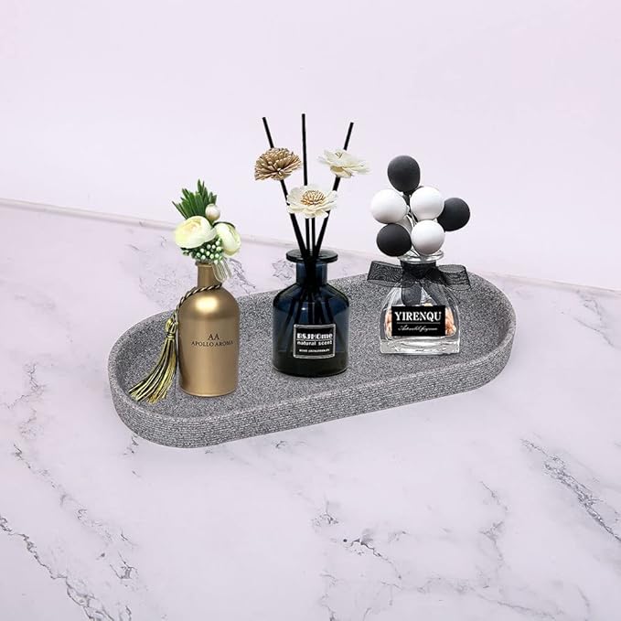 Grey Resin Bathroom Accessory Set, 5 Pcs Bathroom Accessories Set with Lotion Dispenser,Soap Dish,Toothbrush Holder,Vanity Tray,Qtip Holder Dispenser, Modern Bathroom Decor and Housewarming Gift Set