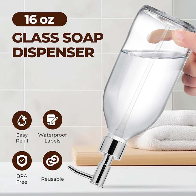 16 oz Clear Glass Soap Dispenser with Plastic Silver Pump, Glass Pump Bottle for Lotion Body Oil, 500ml Hand and Dish Soap Dispensers for Bathroom Kitchen - 2 Pack