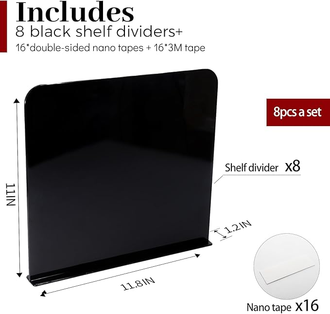 8 Pack Acrylic Shelf Dividers for Closet Wood Shelf Organizer,Multi-Functional Wood Closet Separator for Storage and Organization, Bedroom Closet Organizer Fit for Any Thickness of Shelves(Black)