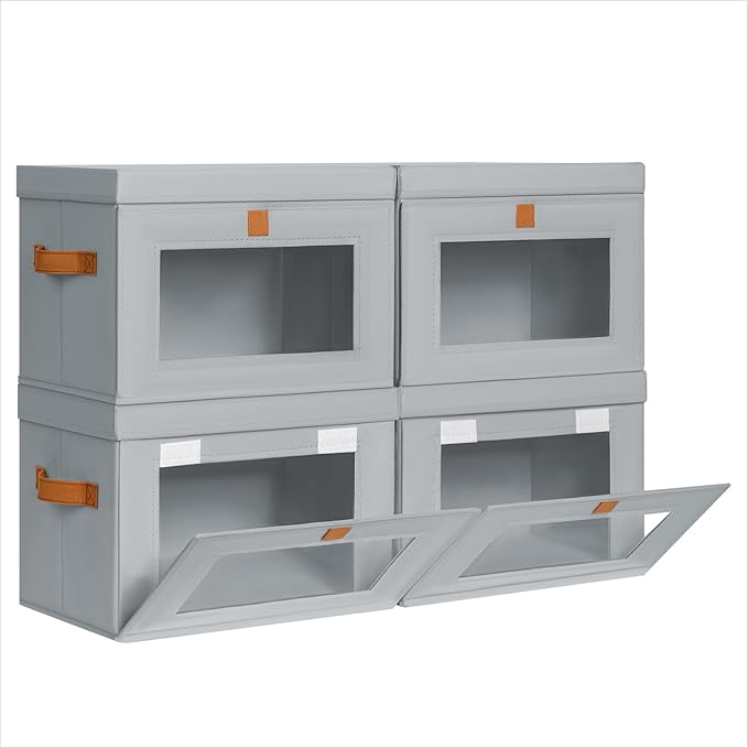 Small Fabric Storage bins - Collapsible Storage Bins with Open Window, 4 Pack Closet Baskets for Shelves, Stackable Decorative Boxes for Home, Dorm, Grey, 13.7"x 9.8" x 9.8"