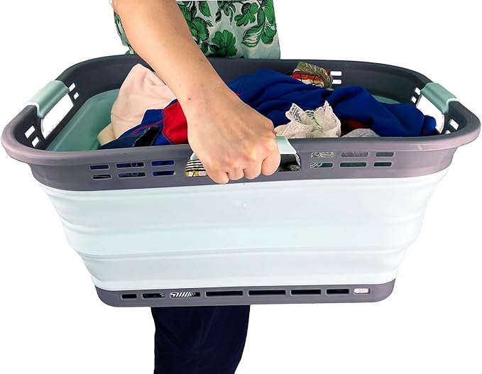 SAMMART 42L (11 Gallon) Collapsible Plastic Storage Basket - Foldable Pop Up Storage Container - Portable Laundry Organizer - Space Saving Hamper (Pink+Lake Green, 42L (Style A))
