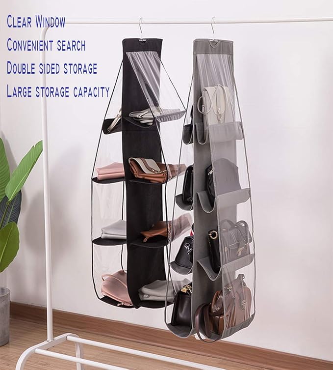 AARAINBOW 2 Packs Hanging Handbag Purse Organizer for Closet, Womens Purse Storage Organizers, Hand Bag Organizer Holder 8 Pockets Space Saving, 46 L x 13.8W (C-Gray Pink)
