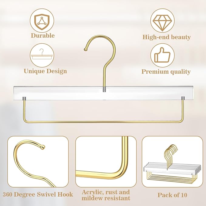 Chunful 10 Pcs Clear Pants Hanger Acrylic Clothes Hangers with Gold Hooks and Bar Heavy Duty Clothes Skirt Jeans Hook Storage and Organizer for Home Cabinet Shop Dress, 12.7 x 6 Inch