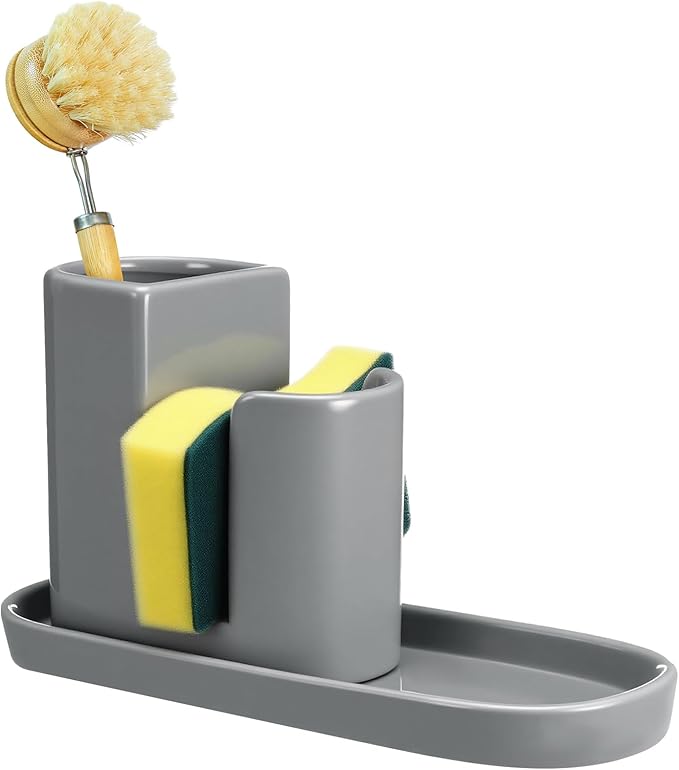 Geelin 3 in 1 Ceramic Kitchen Sink Caddy Dish Sponge Holder Scrub Brush Holder and Soap Tray for Kitchen Organizer Rustic Farmhouse Supplies (Gray)