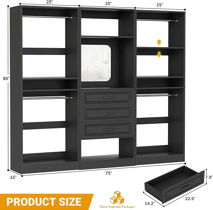 Unikito Modular Closet System with 3 Sets, 75”Closet Organizer System with Drawers, Mirror, Hanging Rods and Adjustable Shelves, Freestanding Wood Wardrobe Garment Rack, Walk in Closet Tower, Black