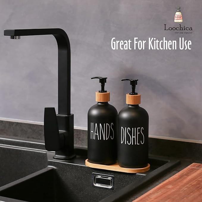 2 Pack Black Glass Soap Dispenser Set with Tray, Hand and Dish Glass Soap Dispensers for Kitchen Sink, Matte Black Soap Dispenser Suitable for Kitchen Sink, Rustic Kitchen Décor