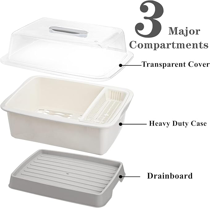 Lyellfe Plastic Dish Drying Rack, Bottle Dryer Holder with Cover Lid and Removable Drainboard, White Utensil and Cup Holder for Kitchen Counter, Dish Dryer Shelf, Medium Size