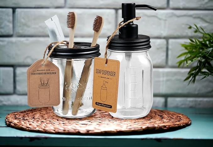 SheeChung Mason Jar Bathroom Accessories Set, 2Pcs Glass Bathroom Accessory Set, Soap Dispenser, Toothbrush Holder, Bathroom Decor, Rustic Farmhouse Decor - Black
