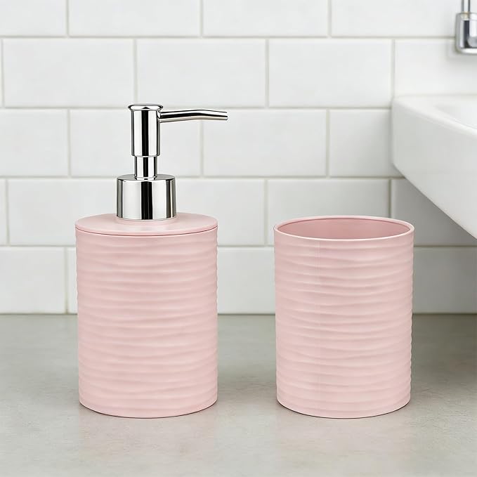 Bathroom Accessories Set, 2-Piece Pink Soap Dispenser & Toothbrush Holder with Ripple Texture & Rust-Proof Pump, Modern Matte Organization