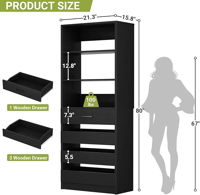 Aheaplus 21.3" Closet System with 4 Drawers, Wood Closet Organizer with Open Shelves, Modular Drawers System Tower, Walk-in Small Wardrobe Rack, Tall Storage Cabinet Unit, Black