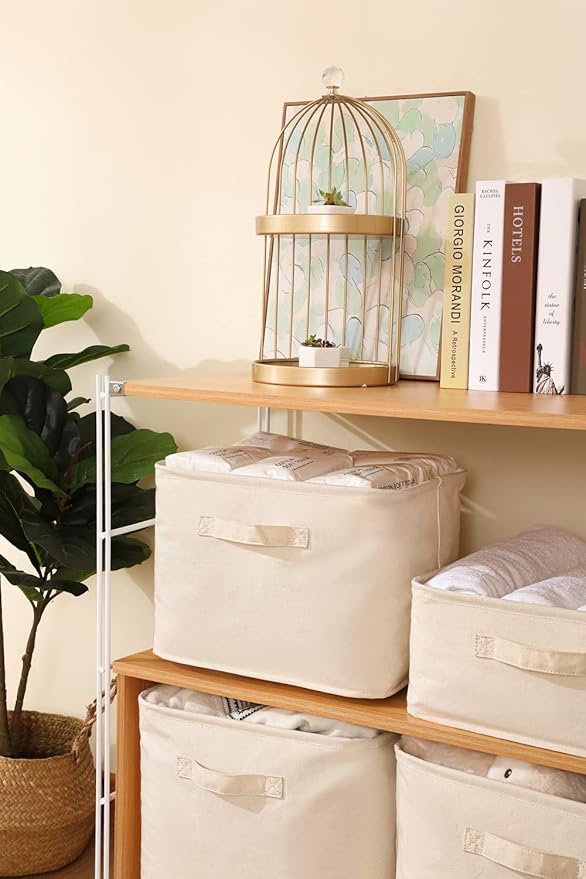 Decorative Basket Rectangular Fabric Storage Bin Organizer Basket with Handles for Clothes Storage (14.5 x 10.2 x 10.2, Beige)