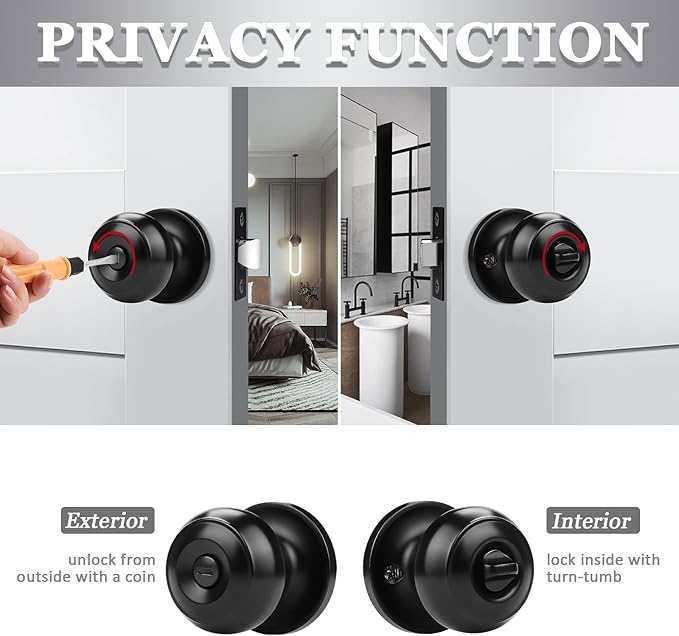 Probrico 10 Pack Round Privacy Door Knob(Thumb Turn Lock on The Inside), Keyless Doorknobs Interior/Exterior Lockset,Privacy Knobs for Bedroom/Bathroom,Black Modern Design Door Hardware