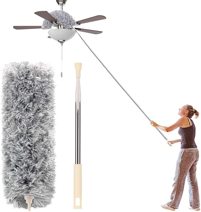 Microfiber Duster with Extension Pole(Stainless Steel) 30 to 100'', with Bendable Head, Extendable Long Duster for Cleaning Ceiling Fan, High Ceiling, Keyboard, Furniture Cars Gray