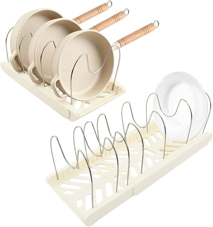 Pot and Pan Organizer, Expandable Pan Organizer for Cabinet, Pot Lid Holder with 10 Adjustable Compartments for Kitchen Cabinet Cookware Baking Frying Rack(White)