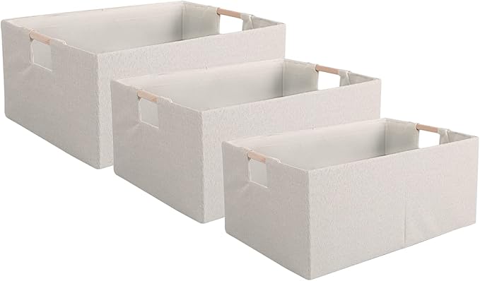 Fabric Storage Bin Box Foldable Cotton Linen Storage Basket with Wooden Handles Rectangular Cube Decorative Home Laundry Organizer Clothes Blanket Container – Beige, Medium